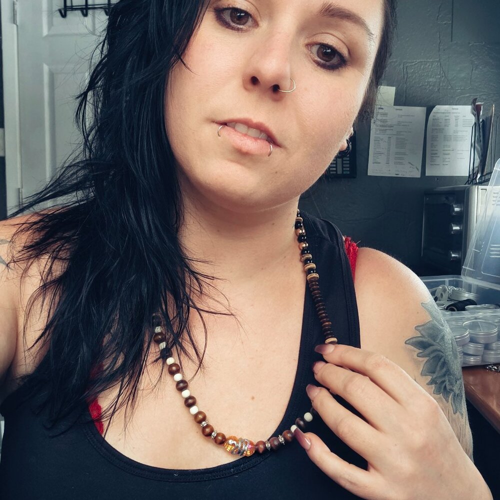 Wooden Beaded Necklace with Bone Beads & Snake Metal Spacers
